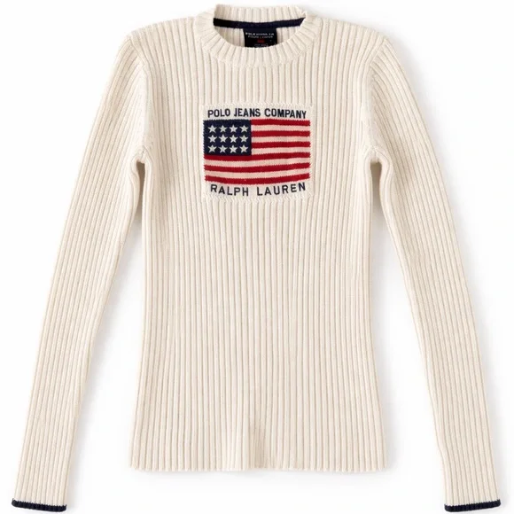 Ralph Lauren Polo Jeans Flag Sweater Ivory USA Preppy Vintage 90s - Picture 2 of 14